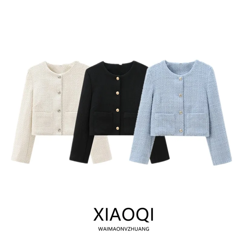 2024 Autumn New Women's Fashion Coat Coarse Weave round Neck Outerwear Versatile Little Black Dress Style Short Outerwear