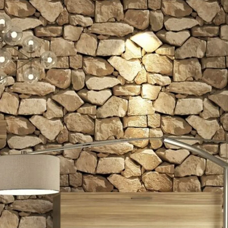 

Light Brown Stone Wallpaper Roll 3D Effect Wall Decor For Living Room , 10M Per Roll