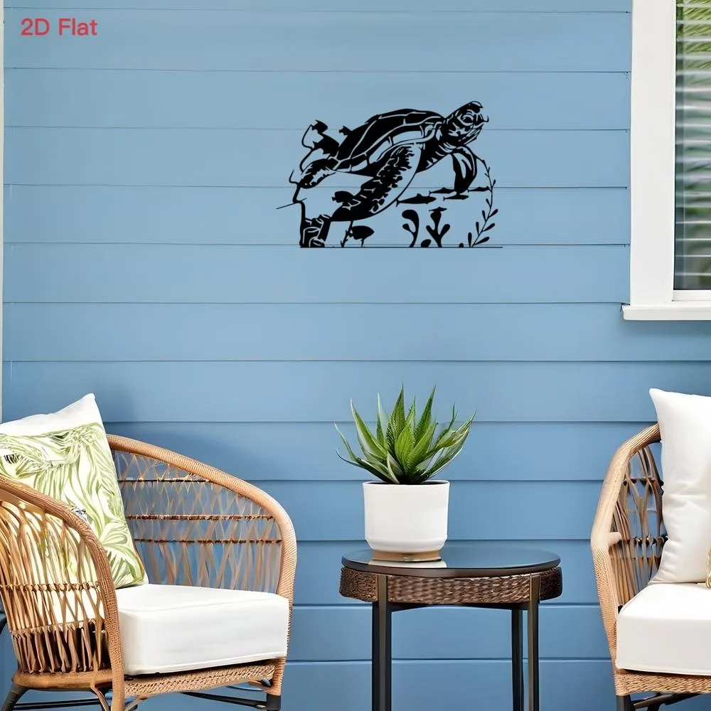 Black Sea Turtle Iron Wall Art Laser Cut Ocean Metal Decor 2D Flat Coastal Bedroom Rustproof Gift Ornament