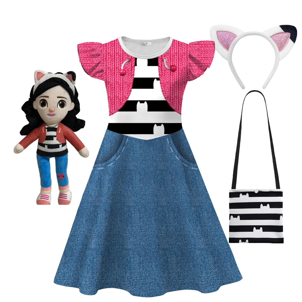 

Girls Gabby Dress Up Halloween Costume Doll House Role Playing Striped Flying Sleeve Frocks Kids Casual Cute Princess Outfits