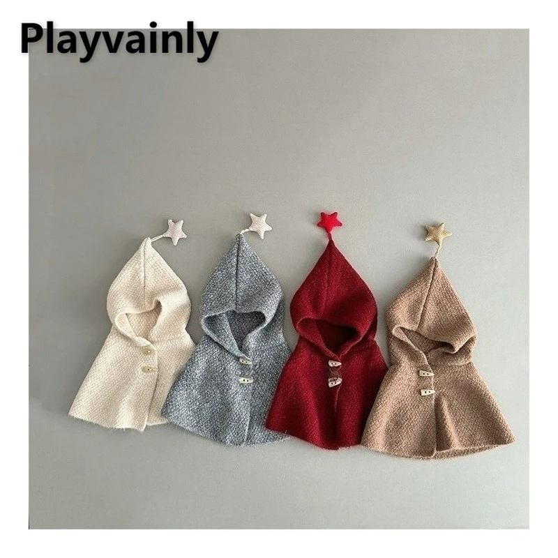 

New Winter Children Star Pattern Cape Hooded Poncho for Girls Boys Toddler Baby Fshion Knitted Warm Windproof Cloak Hat H1157