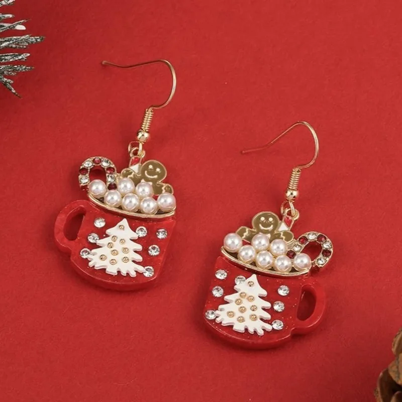 Red Enamel Gingerbread Man & Coffee Mug Earrings – Festive Christmas Pendant for Parties, Gifts & Everyday Elegant Wear