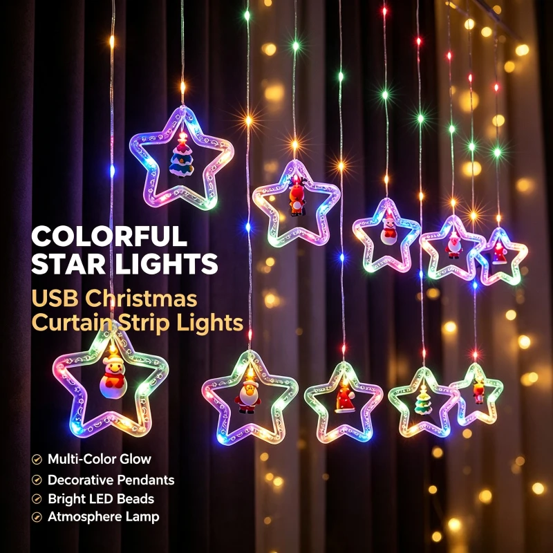 USB Christmas LED Curtain Strip Lights Festive Garland Lamp for Bedroom Living Room Window Indoor Xmas Home Party Atmosphere Dec
