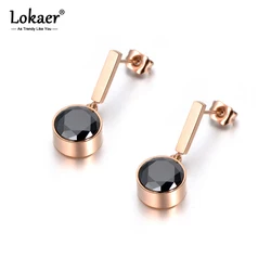 Lokaer Trendy Fashion Jewelry Sparkling Black/White CZ Round Crystal Stud Earrings Stainless Steel Waterdrop For Women E18046