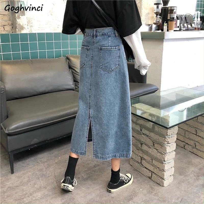 

Denim Skirts Women Slit Design Retro High Waist Simple Slim All-match Elegant Korean Style Female Temperament Chic Casual Midi