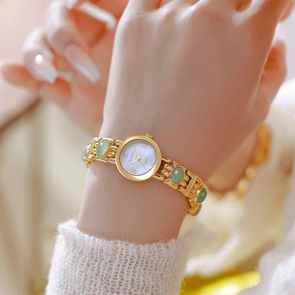 Women’s Fashion Watch Natural Jade Chain Quartz Watches Golden Simple Classic Daily Wear Gift Watches for Ladies Elegant Design