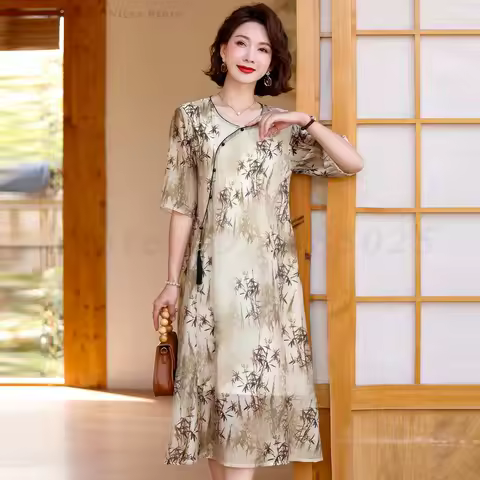 Vintage Printed Qipao Round Neck Casual Dress Middle-Aged Elderly Cheongsam Chinese Traditional Dress Evening Party Gown XL-5XL