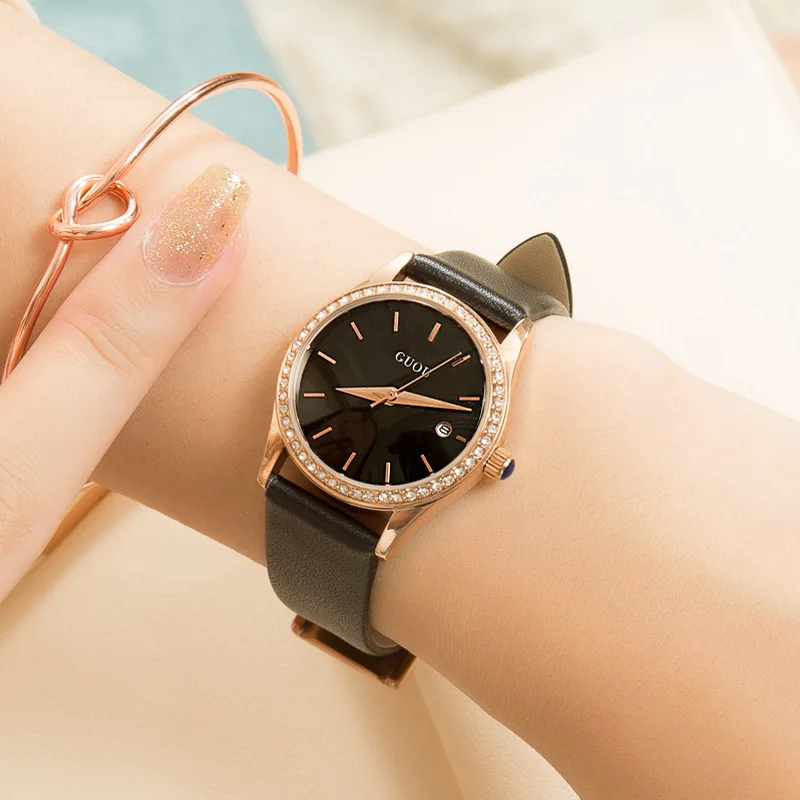 GUOU women's watch waterproof fashion new trend student Korean version simple casual atmosphere diamond waterproof women's watch