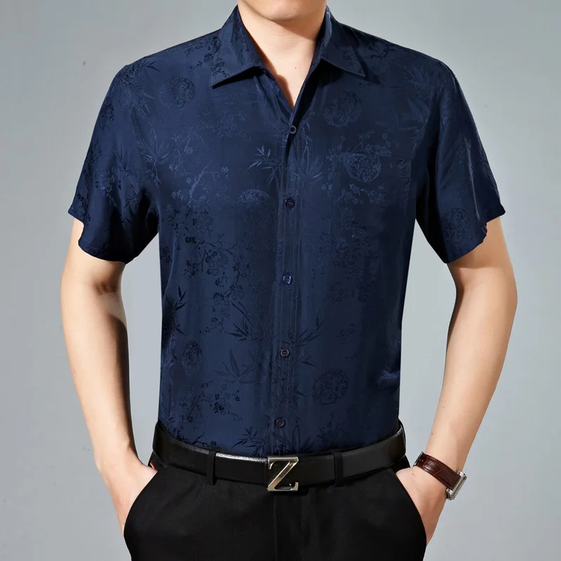 Lightweight Softness Luxury Shirts For Men Short Sleeve Jacquard Summer Quality Geniune Silk 100% Casual Satin Camisas De Hombre