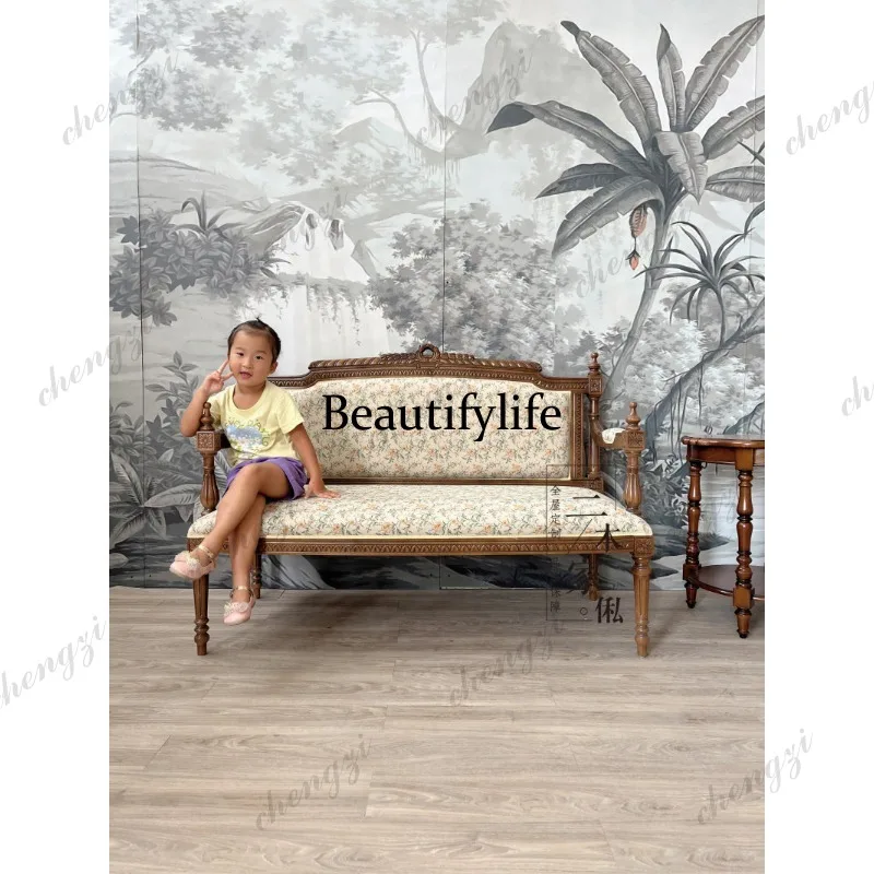French solid wood retro sofa small apartment living room leisure chair balcony sofa customization