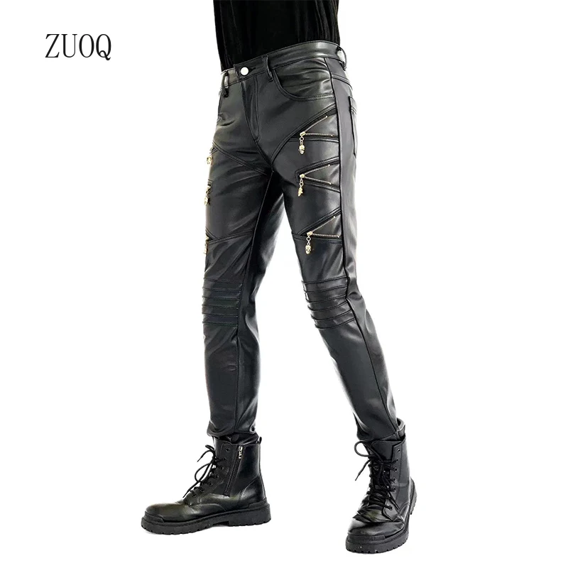 2025 New Arrived Skinny Biker Leather Pants Mens New Faux Leather Biker Trousers for Male Trouser Stage Club Wear