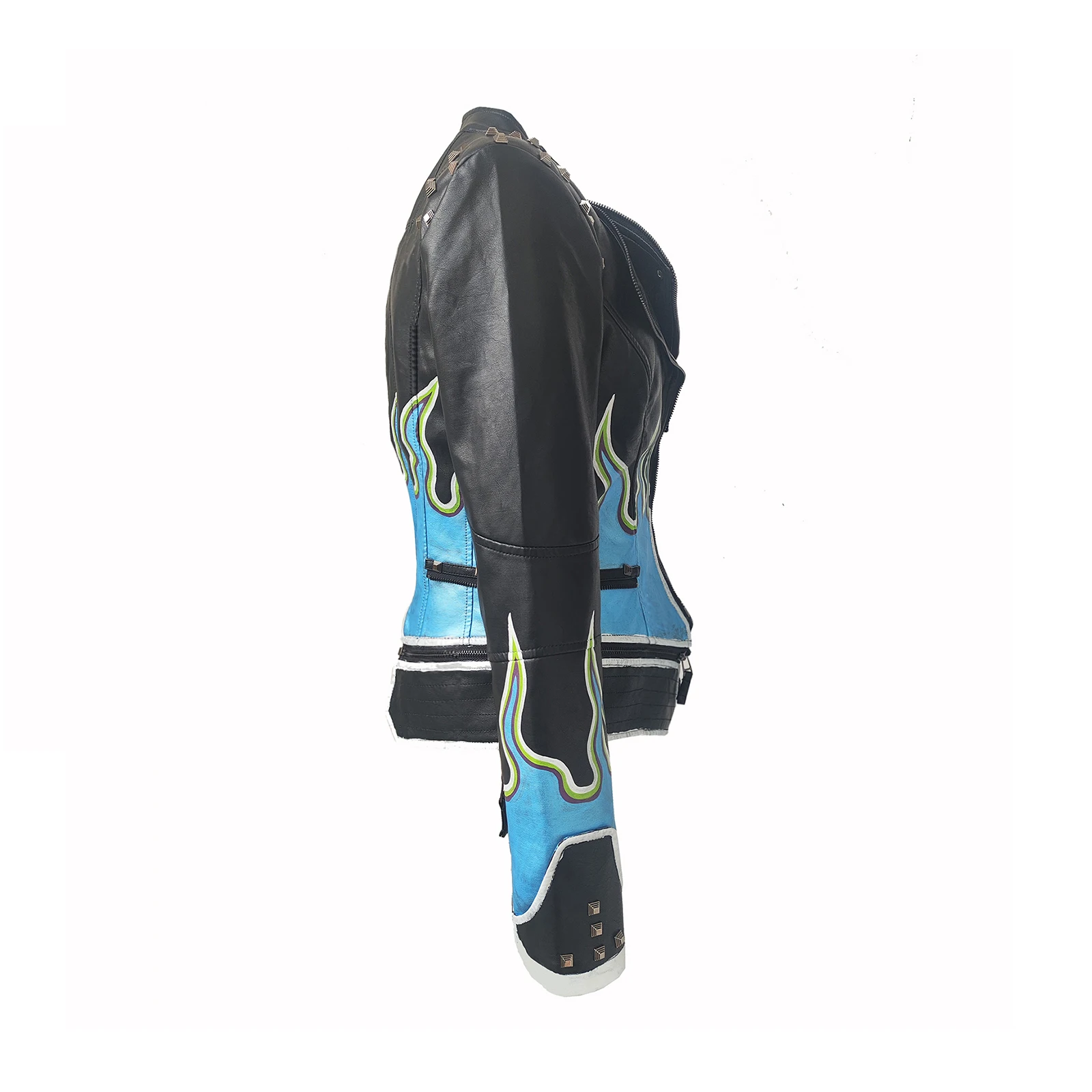 Giacca da Donna in Ecopelle PU con Borchie e Rivetti, Vestibilità Perfetta, Pelle Artificiale con Graffiti Disegnati a Mano, Stile Punk Moto Biker