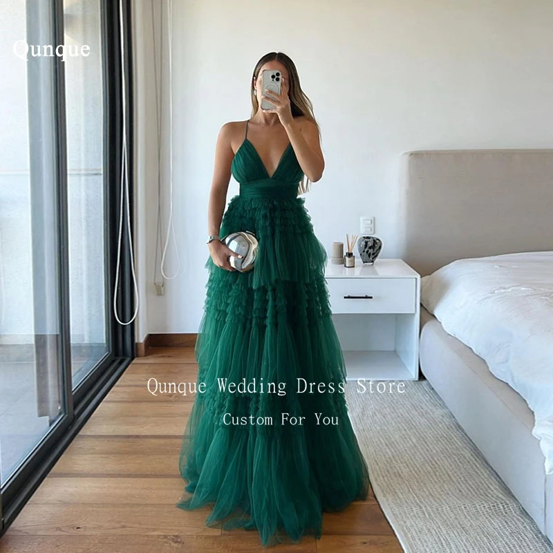 Qunque Sexy Spaghetti Straps Green Prom Dresses Deep V-neck Vestidos De Festa Tiered Tulle Graduation Formal Gowns Customized