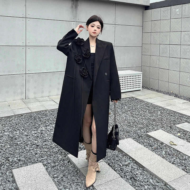 

SuperAen Korean Style New Design Black Long Suit for Women Loose Thick Three-dimensional Flower Notched Casual Blazer Coat