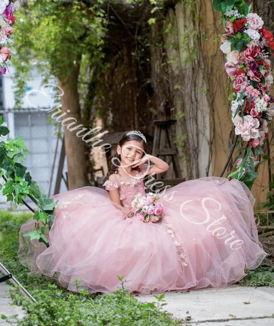 Customized Flower Girl Dress For Wedding Sparkling Pink Lace Tulle Puffy Applique Kids Birthday Party First Communion Ball Gowns