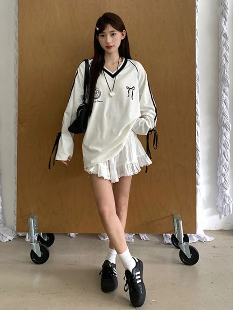 Y2k Aesthetic Oversized V-neck Black Jersey Tops Women's Lace Up Streetwear Hoody Harajuku Vintage Stripe Long Sleeve Sweatshirt