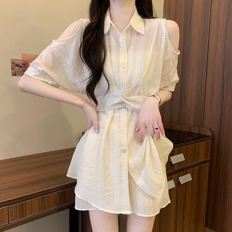 

2025 Summer Loose Women's Off Shoulder Ice Silk Shirt Casual Shorts 2-piece Set