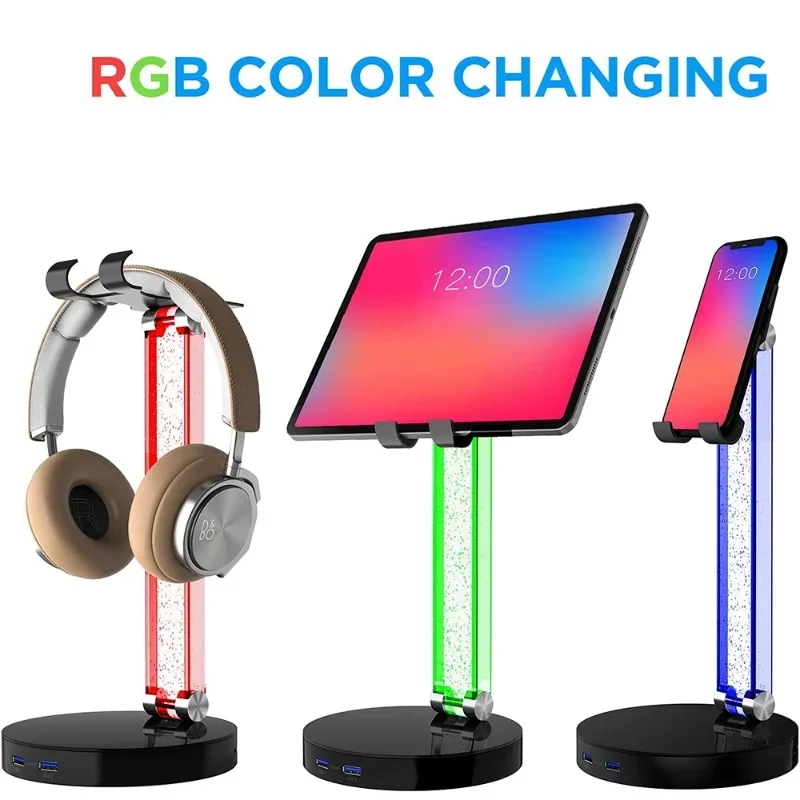 데스크탑 거치대 RGB 게임용 헤드셋 스탠드, LED 라이트 헤드 마운트, USB 포트 헤드폰 스탠드, 범용 헤드폰용 거치대