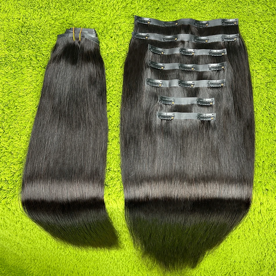 Straight Clip Ins Extensions 100% Human Hair 200 Grams/7Pcs/Bundle #1B Natural Black Color 18-24 Inch Full PU Weft Clips Hair