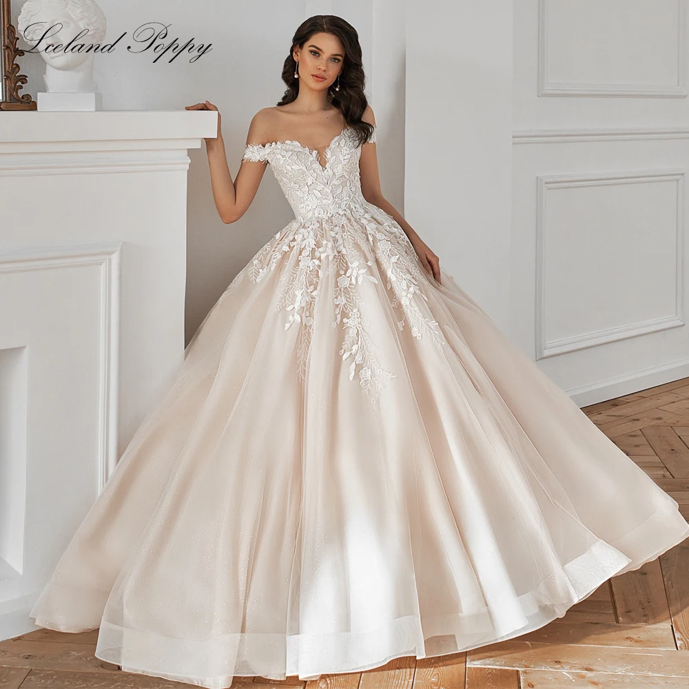 

Lceland Poppy Customized Ball Gown Wedding Dresses Off the Shoulder Lace Bridal Gowns with Court Train