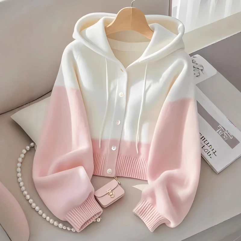 Spring Autumn Women's Knit Fashion Hoodies Long Sleeve Tops Cardigan Korean Button All-match Simplicity Sweater Female Clothing