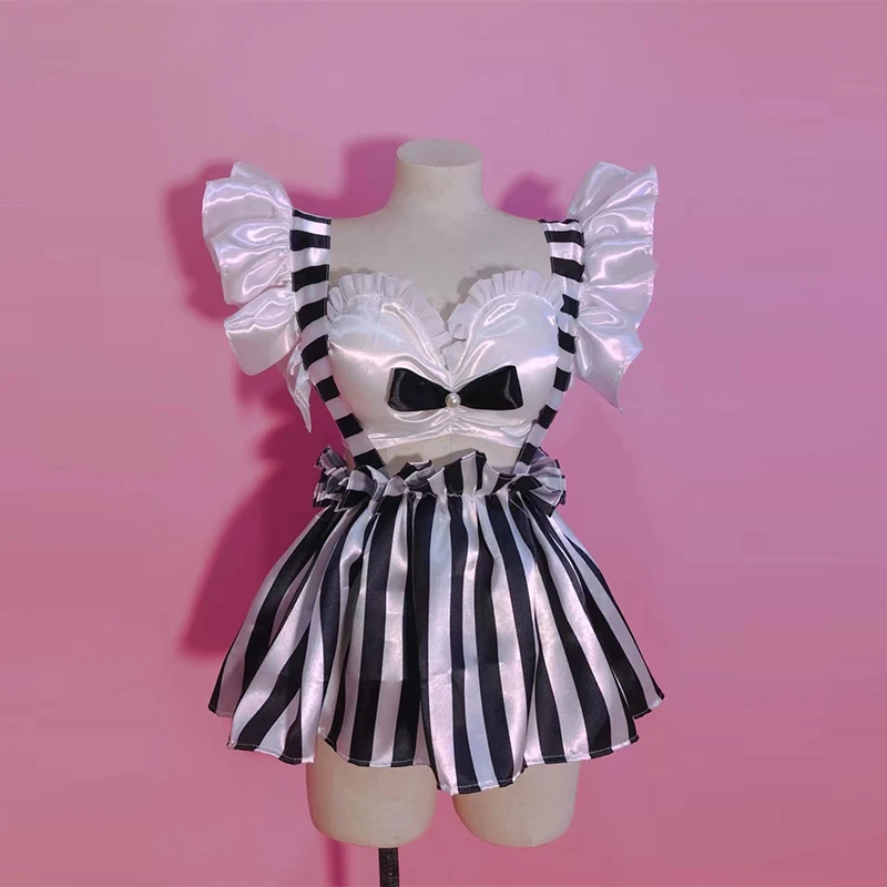 

New Lovely Striped Maid Dress Drag Queen Costume Cosplay Clothing Party Rave Outfit Nightclub Gogo Dancing Stage Wear Set