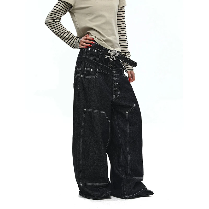 ZHIZOU Women's Black Gothic Y2k Jeans Aesthetic 2000s Style Hip Hop Baggy Jeans Pants Vintage Harajuku Denim Trousers Clothes