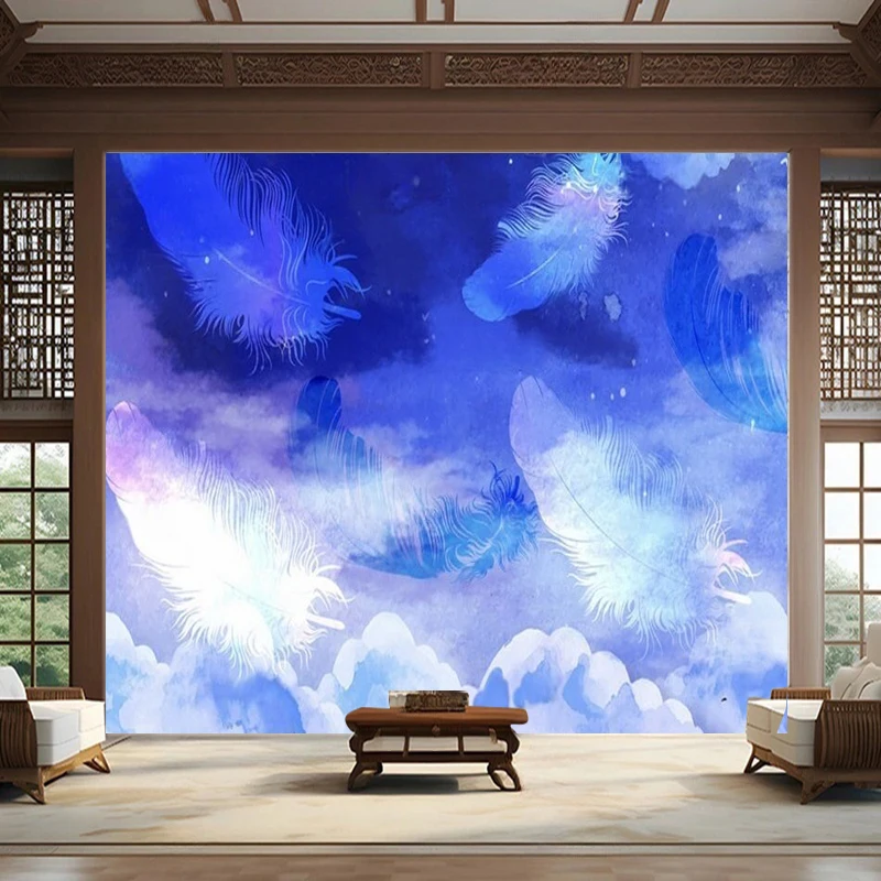 Modern Nordic Dreamy Sky Hand-Painted Feather Artwork With Beautiful Imagination For TV Library Decoration Wall Background