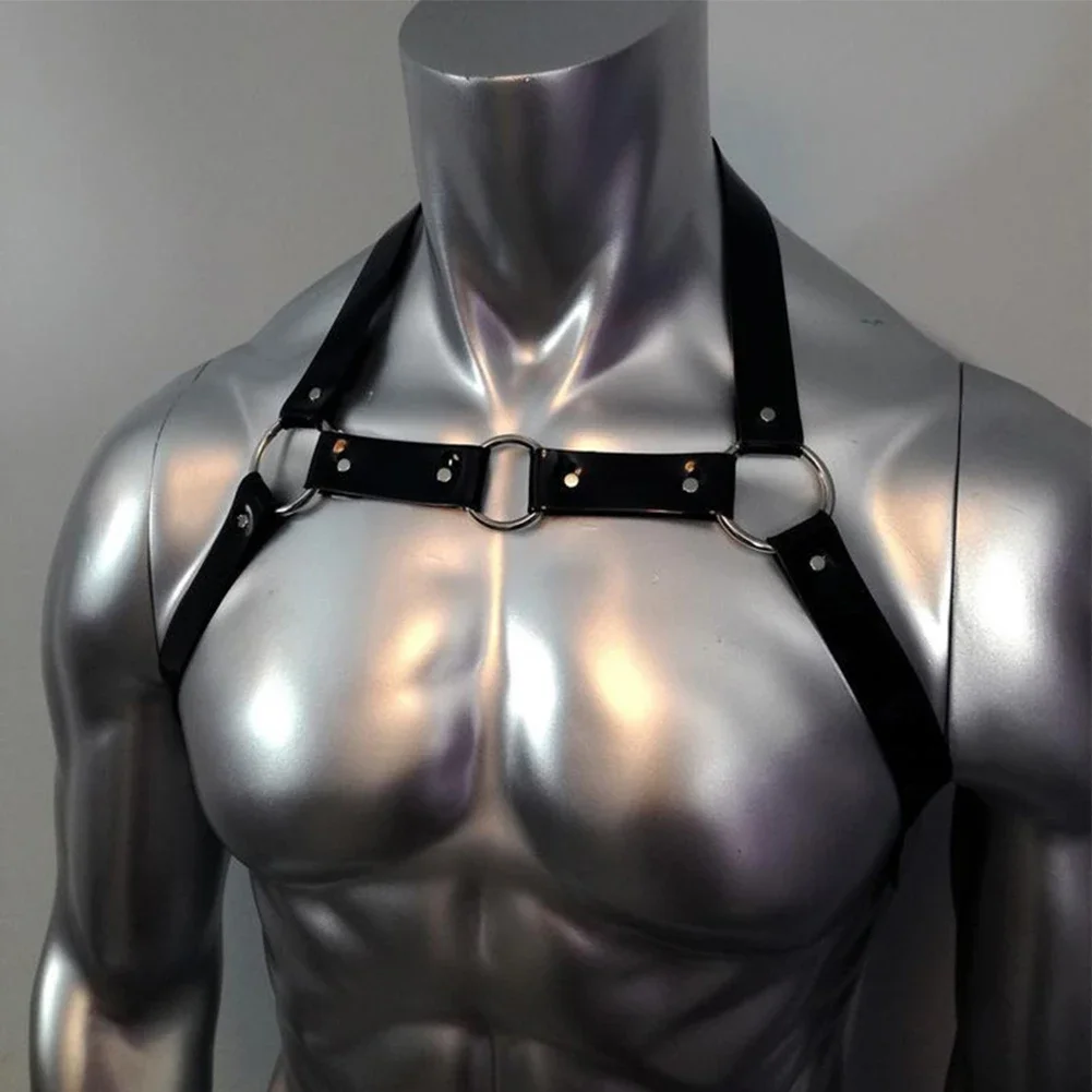 

Black PU Leather Chest Harness For Men Gothic Clubwear Costume Glossy Straps Lingerie Interest Buckles Detail