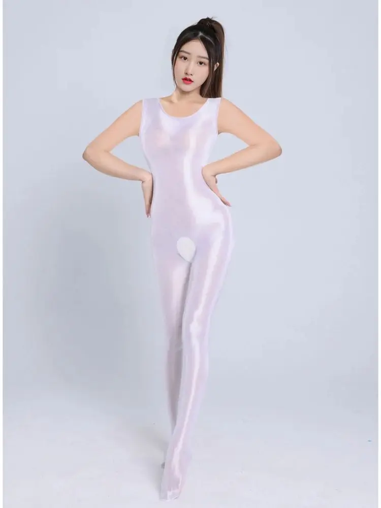 M XL Unisex Sleeveless Tank Catsuit Glossy Shiny Bodystocking Crotchless Open Crotch Bodysuit Tights Sexy Leotard Conjoined Body