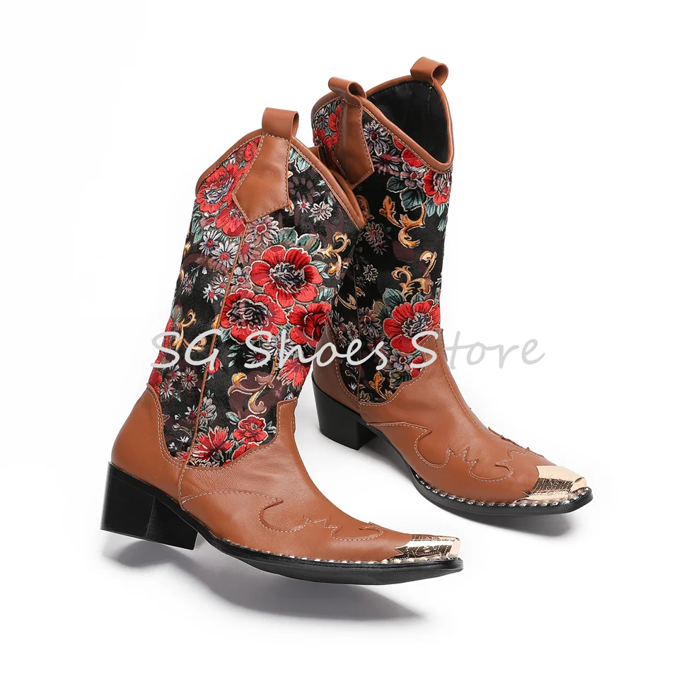 Fashion Rose Prints Western Cowboys Boots for Men Metal Pointed Toe Casual Genuine Leather Mid-Calf Boots Male Dress Shoes