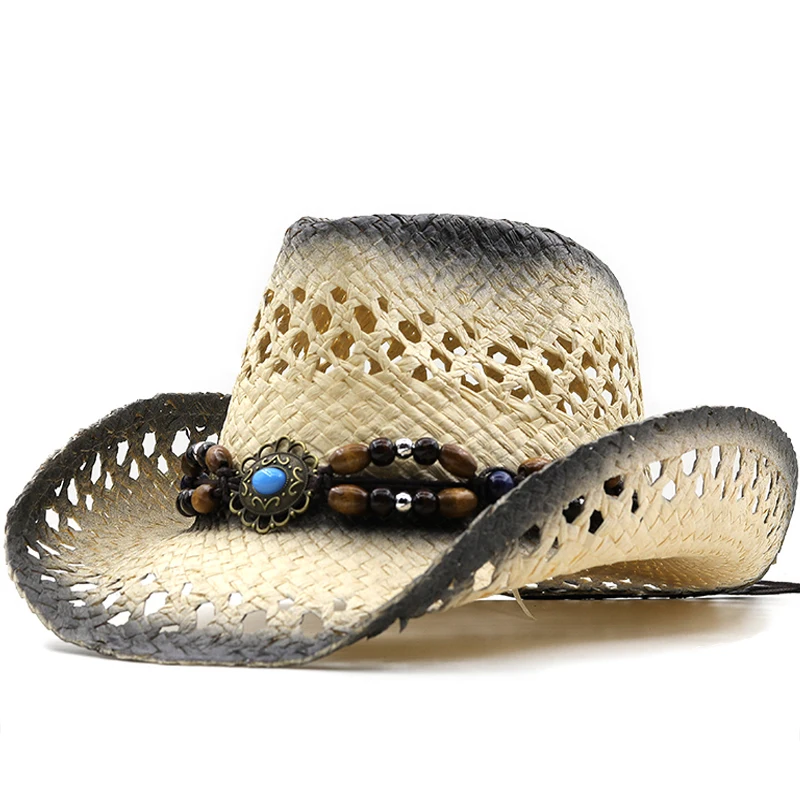 

Fashion Hollowed Handmade Cowboy Straw Hat Women's Men's Summer Outdoor Travel Beach Hats Unisex Solid Western Sunshade Jazz Cap