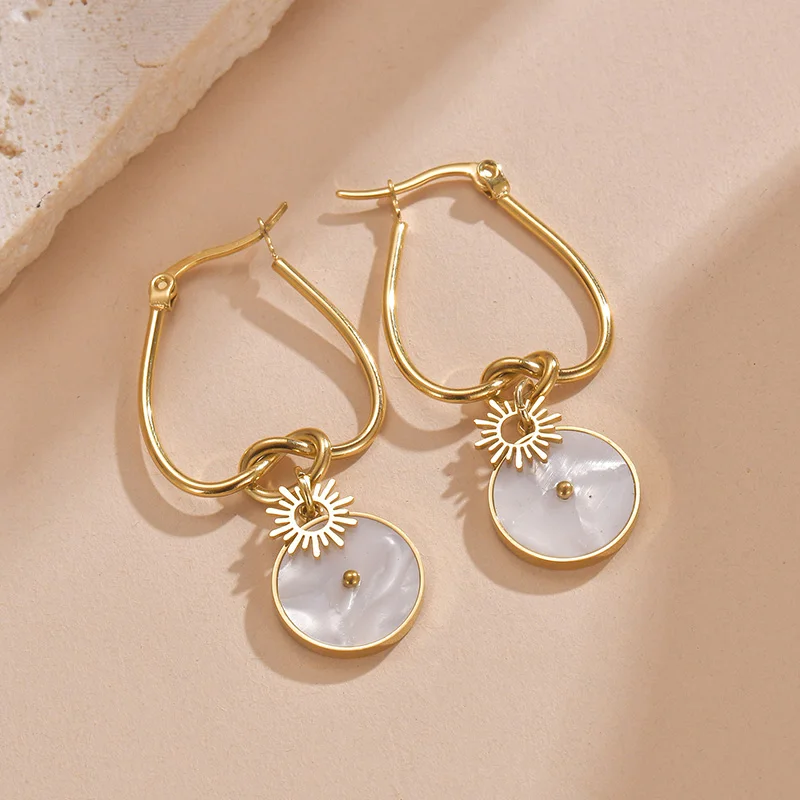 Fashion Simple Stainless Steel Round Pendant With  Snowflake Earrings Knot Earring Gold Color For Women Girls Party Jewelry Gift