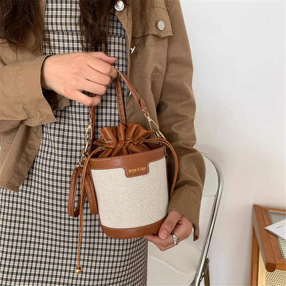 Women Fashion Shoulder Bags Cylinder Pu Leather Bucket Crossbody Bag Casual Drawstring Handbags Purse For Travel Shopping