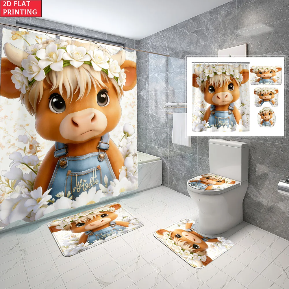 

1pc/4pcs Shower Curtain and Bath Mat Set with Cute Cow With Flowers And Overalls Pattern Non-Slip Bathroom Decor, with 12 hooks