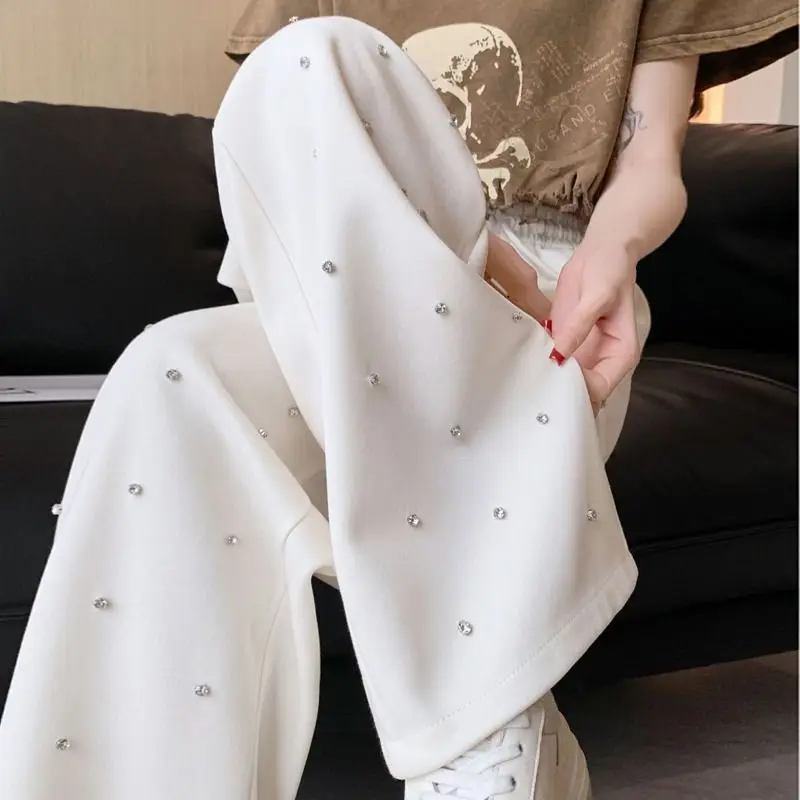 Diamond inlaid casual wide leg pants for women\'s high-end high waisted loose straight leg sports pants trousers
