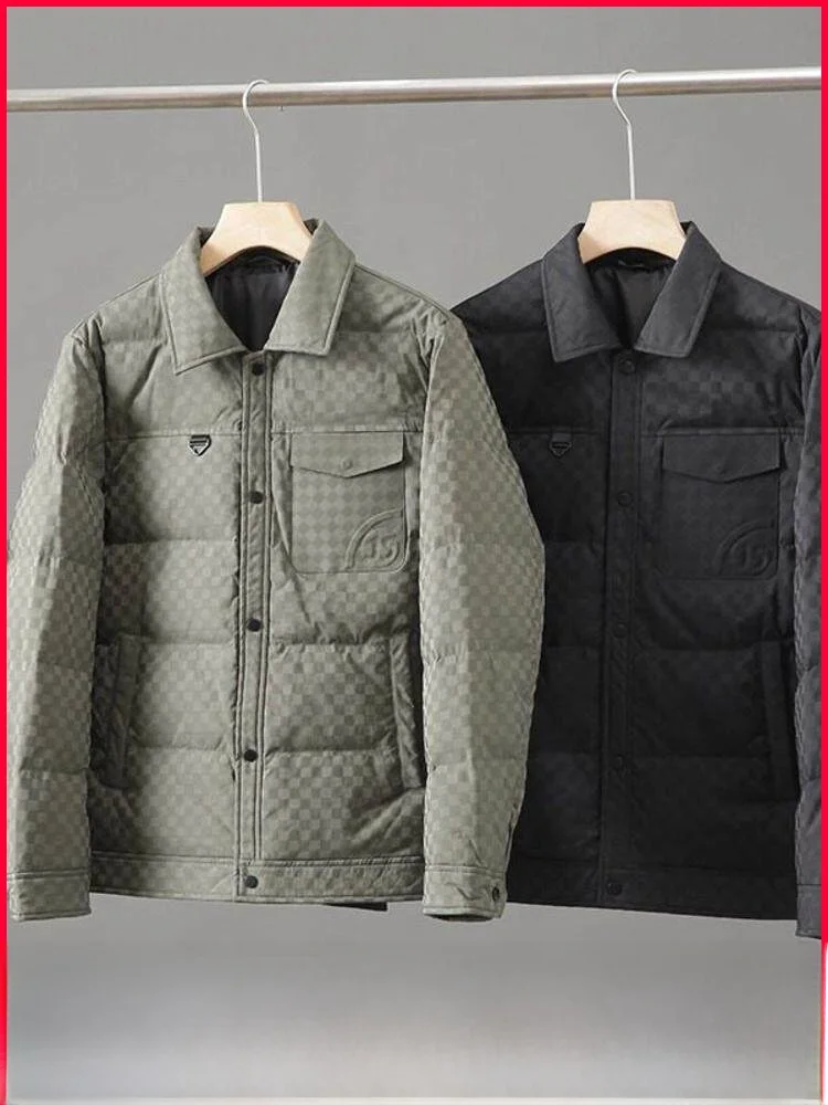 

High-End Plaid 90 Du down Casual Men's Winter Busin Jaet Stand Collar Quilted Polyester Fiber Windproof 3D Design