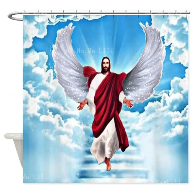 Fondo de Arte católico para escaleras en el cielo, cortina de ducha con luz solar, cielo, nube, Dios, Fe, Santa, escalar, sueño