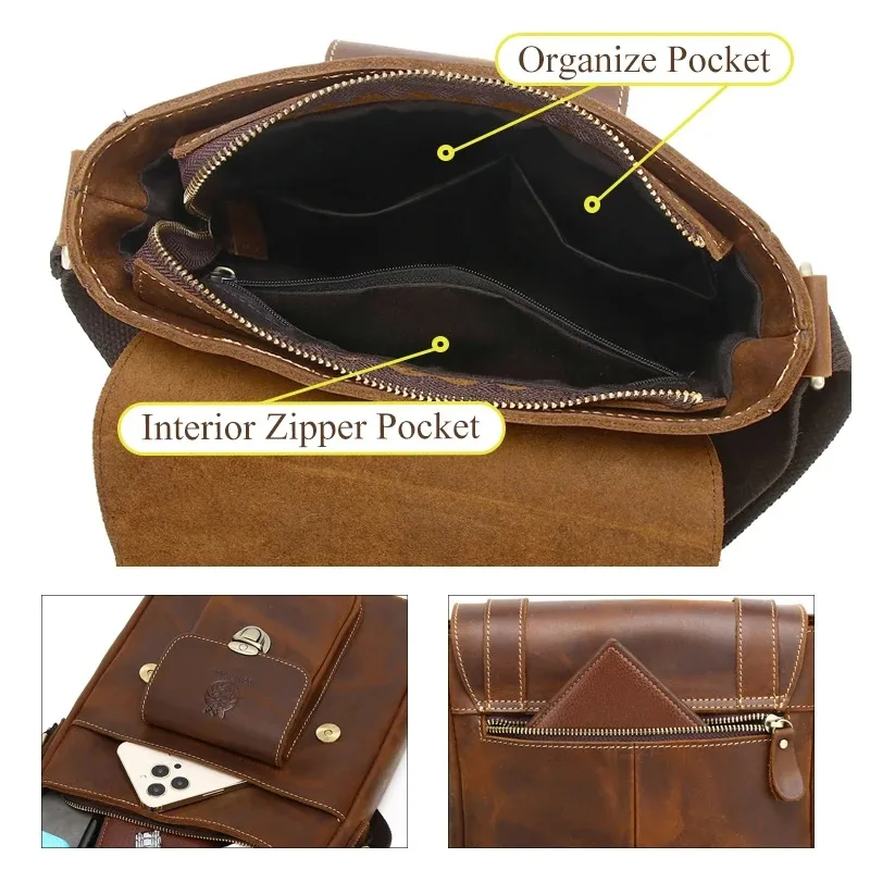 High Quality Crazy Horse Genuine Leather Male Messenger Bags Vintage Brown Crossbody Bag Quality Fashion Shoulder Bag for Men