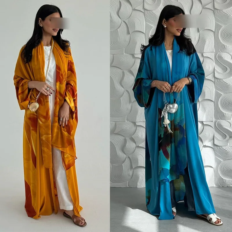Taille unique Musilm femmes moyen-orient nouveau Cardigan Robe avec foulard deux pièces en mousseline de soie imprimé avec manteau Abaya