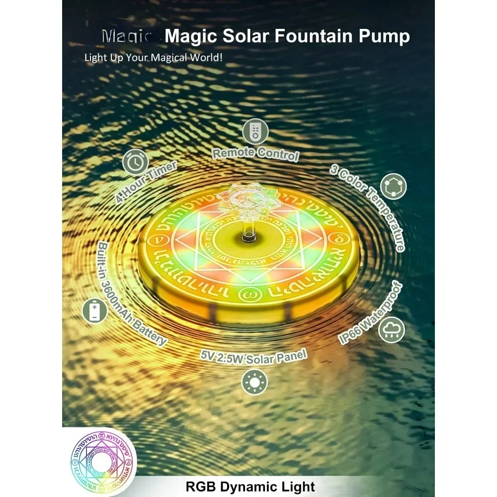 Solar Water Pump with RGB LED Lights, Solar Bird Bath Fountain, 6 Modes, 3600mAh Battery, Remote Control for Pond