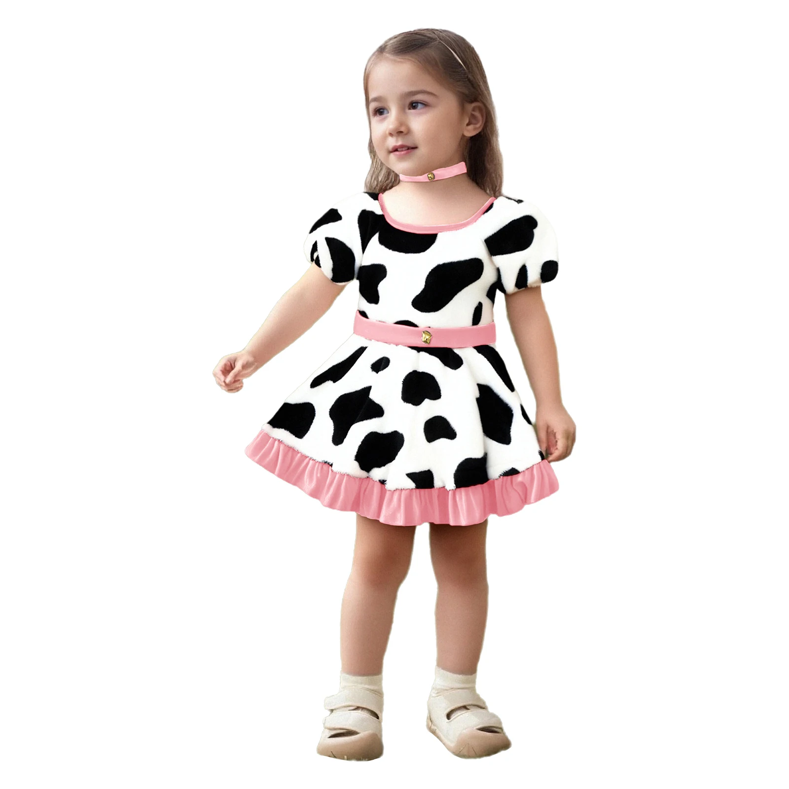 

Костюм далматинской пятнистой собаки для маленьких девочек, карнавальная вечеринка на Хэллоуин, бархатное платье-пачка с короткими рукавами и галстук