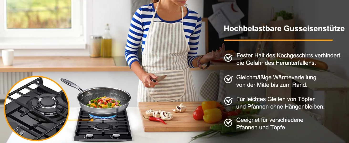 EU-zertifiziertes 2-Flammen-Gaskochfeld 30 cm aus gehärtetem Glas | Eingebautes Gusseisen-Regal, Dual-Fuel (NG/LPG), 5200W, Flammenausfallschutz, Schwarz – Detail 5