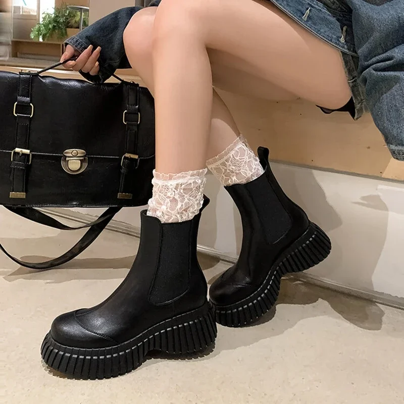 NEW Autumn Women Boots Round Toe Chunky Heel Boots Women Winter Split Leather Shoes for Women Platform Gold Boots botas de mujer