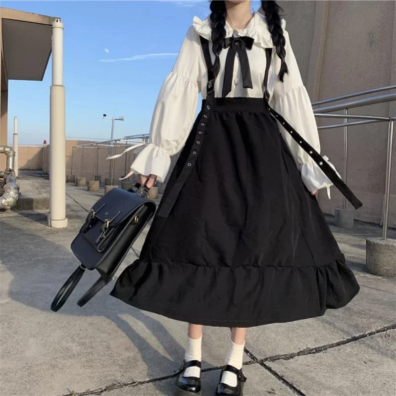 Houzhou Gothic Lolita Riemen langen Rock Frauen japanische Kawaii Rüschen hohe Taille A-Linie schwarzen Rock weichen Mädchen Harajuku Herbst