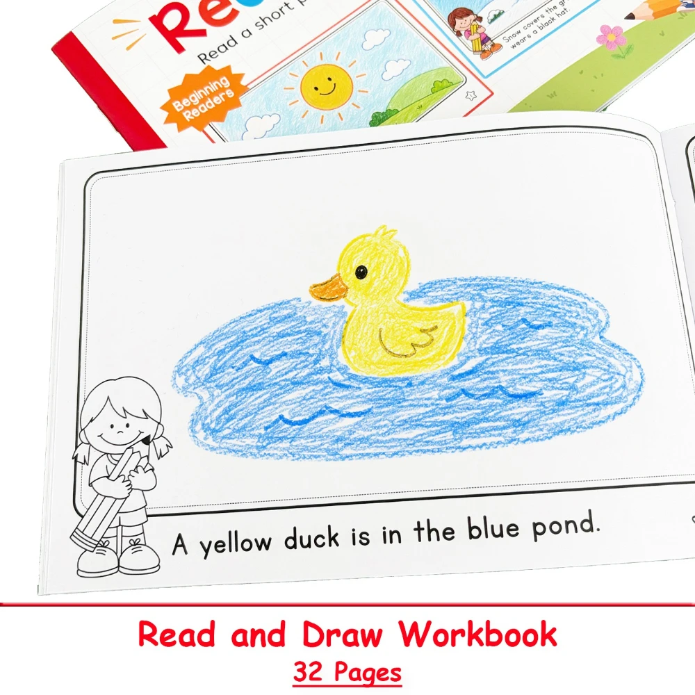 32 Pages Reading & Drawing Workbook for Kids Children Short Sentences Structure Sequencing Practice Interactive Coloring Book