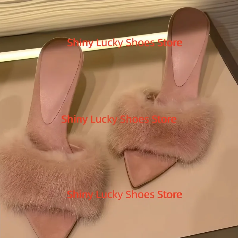 أحذية فرو المنك للسيدات أشار تو الكعب العالي الصلبة الإناث مضخات خطوط الخياطة Tacones بولي Leather الجلود Chassure فام النعال Mujer #2