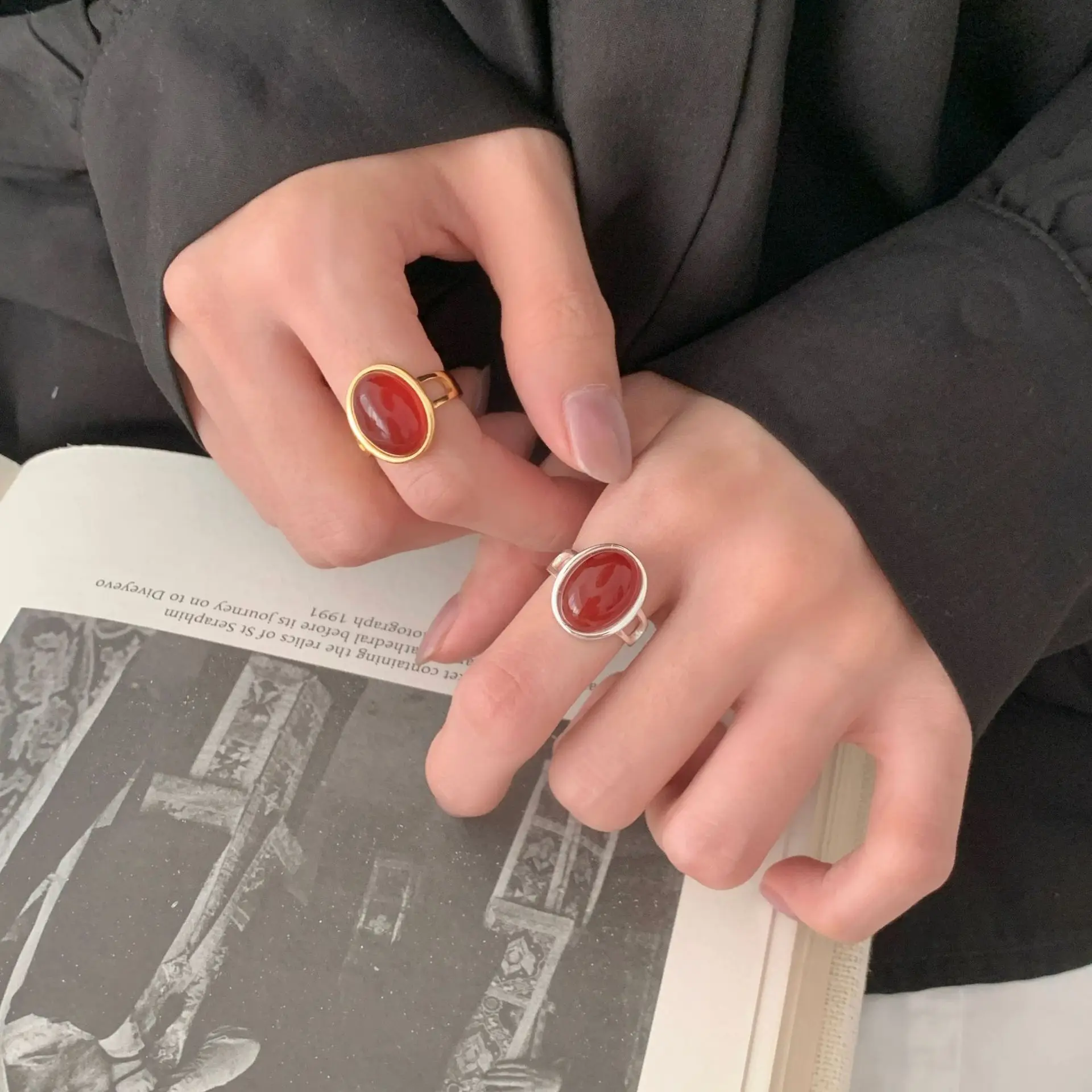 

CHOZON S925 твердое серебряное кольцо с красным агатом, французское винтажное оптовое массивное ювелирное изделие для женщин