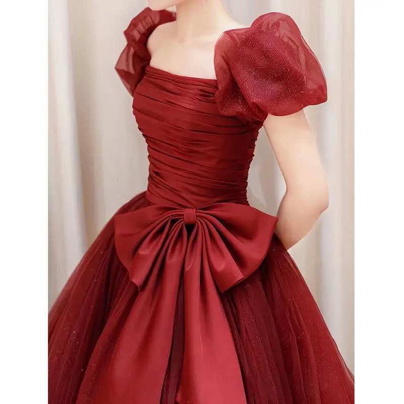 Burgundy Off Shoulder Prom Dresses Elegant Pleated Bowknot Princess Dress Vestidos Women Formal Floor-Length Evening Gowns