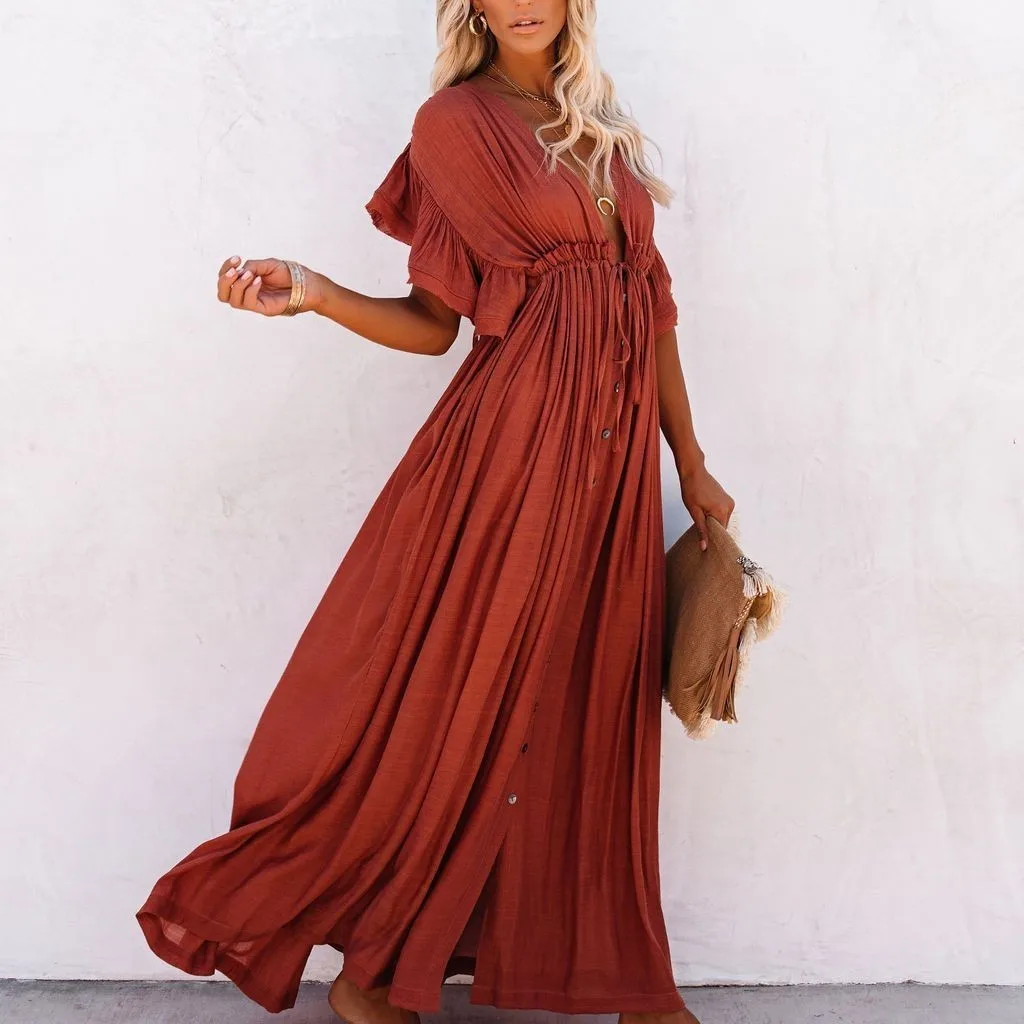 

Sexy Deep V-neck Beach Cover Up Dress 2026 Summer New Elegant Women Clothing Long Beach Vacation Cardigan Beachwear Dresses